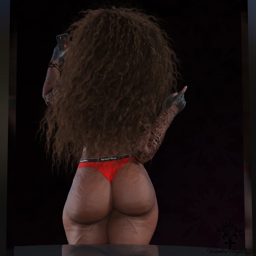 1futa 3d 3d_(artwork) ass ass back_view big_ass curly_hair dark-skinned_futanari dark_skin futa_only futanari long_hair muscular muscular_futanari selfie smartphone solo solo_futa valentine_mafia3d