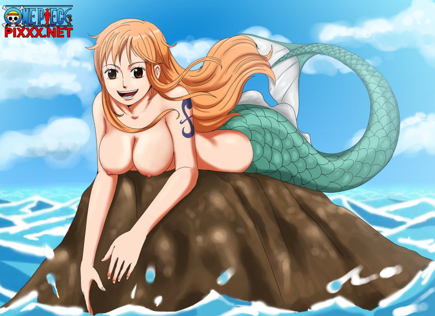 1girls big_breasts breasts brown_hair darwin_(artist) female female_only green_tail long_hair mermaid mermaid_tail nami nami_(one_piece) nipples one_piece orange_hair sea smile