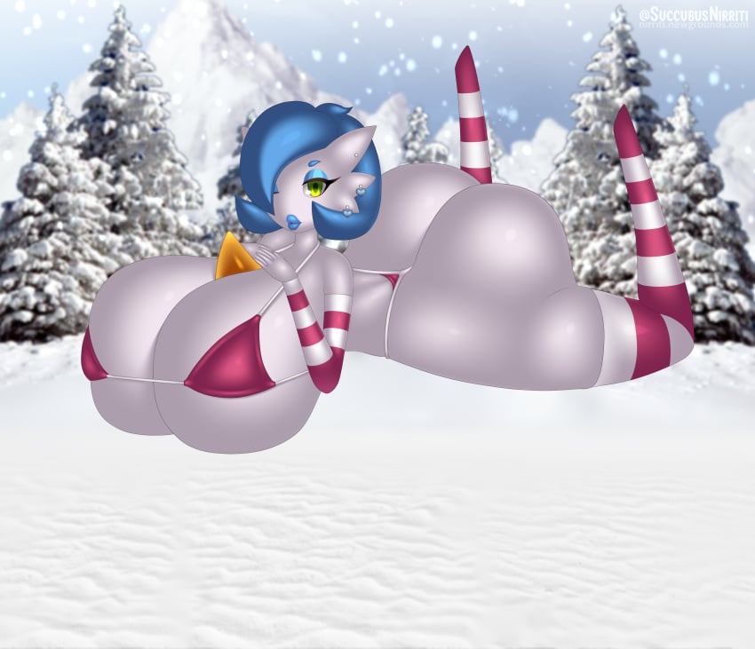 1girl 1girls absurd_res anthro anthro_only arm_warmers armwear ass barely_clothed big_booty big_breasts big_butt big_lips bikini bimbo bimbo_lips blue_hair blue_lips blue_lipstick booty breasts breasts_bigger_than_head bubble_butt chest_gem christmas_bikini christmas_outfit cleavage clementia_(omegafiredog) curvy_figure digital_drawing_(artwork) digital_media_(artwork) earrings female female_only green_eyes hair hourglass_figure huge_breasts huge_butt humanoid lips lipstick looking_at_viewer makeup massive_ass nintendo nirriti original_character outside pokemon pokemon_(species) shaded shiny shiny_pokemon short_hair skimpy_bikini skimpy_clothes snow snowing solo stockings striped_legwear striped_stockings swimwear thick_thighs thin_waist voluptuous voluptuous_anthro voluptuous_female voluptuous_humanoid white_body white_skin wide_hips winter