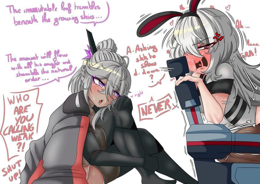 2girls android angry angry_expression angry_sex angry_vein bunny_ears dark_skin dominant_male dominated domination girls'_frontline_2:_exilium implied_sex krolik nemesis_(girls'_frontline_2) pantyhose red_eyes silver_hair smug sweat translation white_hair