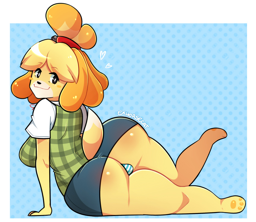 animal_crossing ass back backview blue_skirt breasts butt_crack canine cute exhorsecat fanart flushed game gaming hip isabelle_(animal_crossing) nintendo paw paws pencil_skirt pussy skirt smug thighs tight_skirt upskirt