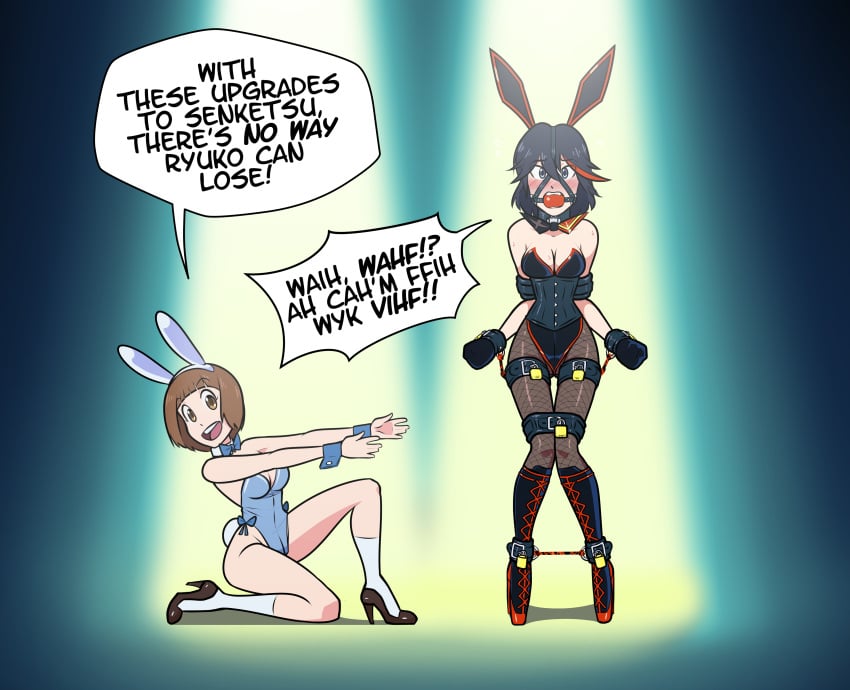 2girls alternate_costume ball_gag ballet_boots ballet_heels blush bondage bondage_gear bondage_mittens bound bunny_ears bunnysuit collar cuff_(restraint) embarrassed_female english_text female female_only femsub fishnets gag gagged gagged_speech harness_ball_gag harness_gag high_heels kill_la_kill legs_tied_together mankanshoku_mako matoi_ryuuko mittens multiple_girls padlock posture_collar restraints senketsu text wossarem