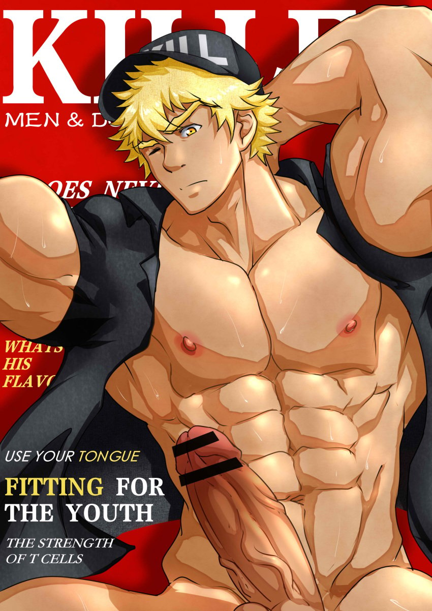 1boy abs absurdres arm_behind_head bar_censor bara bare_pecs baseball_cap biceps black_shirt blonde_hair censored english_text erection hat hataraku_saibou highres huzee_tiger killer_t_(hataraku_saibou) killer_t_cell male_focus military military_uniform muscular muscular_male naked_shirt navel nipples one_eye_closed pectorals penis shirt short_hair short_sleeves solo stomach uniform upper_body veins veiny_penis yellow_eyes