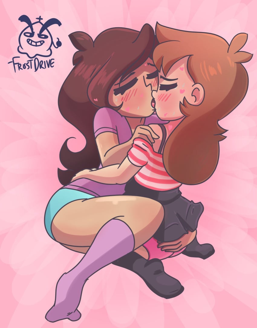 2girls bare_thighs blush blush_lines blushing brown_hair closed_eyes clothed clothed_female clothed_sex cuddle female female_focus female_only frostdrive gay gay_kissing gay_sex hand_on_ass hand_on_butt heart_symbol hearts hugging jaiden jaiden_animations kiss kissing lesbian lesbian_kiss lesbian_sex light-skinned_female light_skin long_hair panties pink_background plumnights romantic sex shgurr skirt stockings sweat sweatdrop sweating t-shirt tagme underwear very_long_hair youtube youtuber