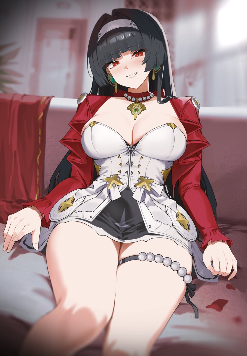 1girls astra_yao bangs big_breasts black_hair busty cleavage clothes dark_hair female female_only fully_clothed hoyoverse large_breasts light-skinned_female light_skin mihoyo mihoyo_technology_(shanghai)_co._ltd. nvl red_eyes revealing_clothes stars_of_lyra tagme thick thick_thighs thighs zenless_zone_zero