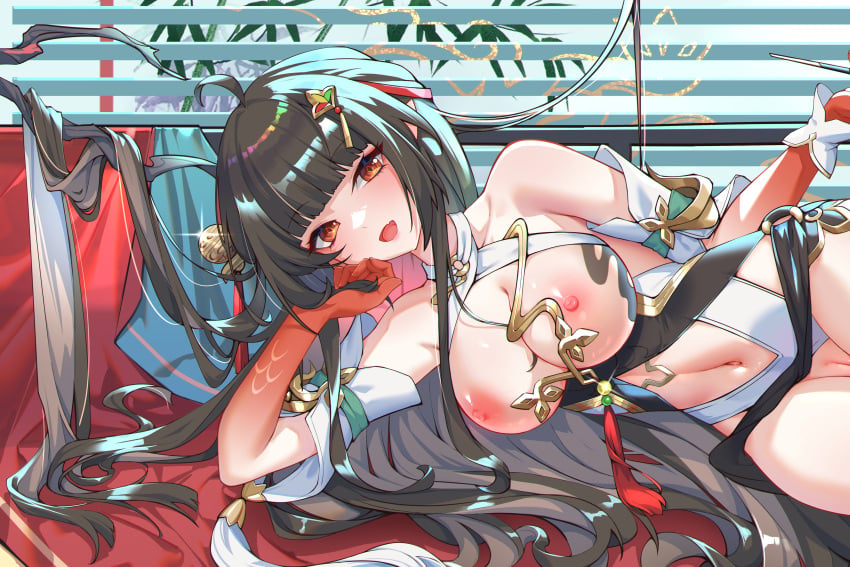 absurdres ahoge bare_shoulders black_dress black_hair breasts breasts_out chinese_clothes cleavage clothing_cutout colored_extremities dakimakura_(medium) dress female highres holding_pipe_bender honkai:_star_rail honkai_(series) large_breasts lingsha_(honkai:_star_rail) long_hair lying misheng_liu_yin navel navel_cutout nipples on_side open_mouth pointy_ears pussy red_eyes red_hands solo thighs