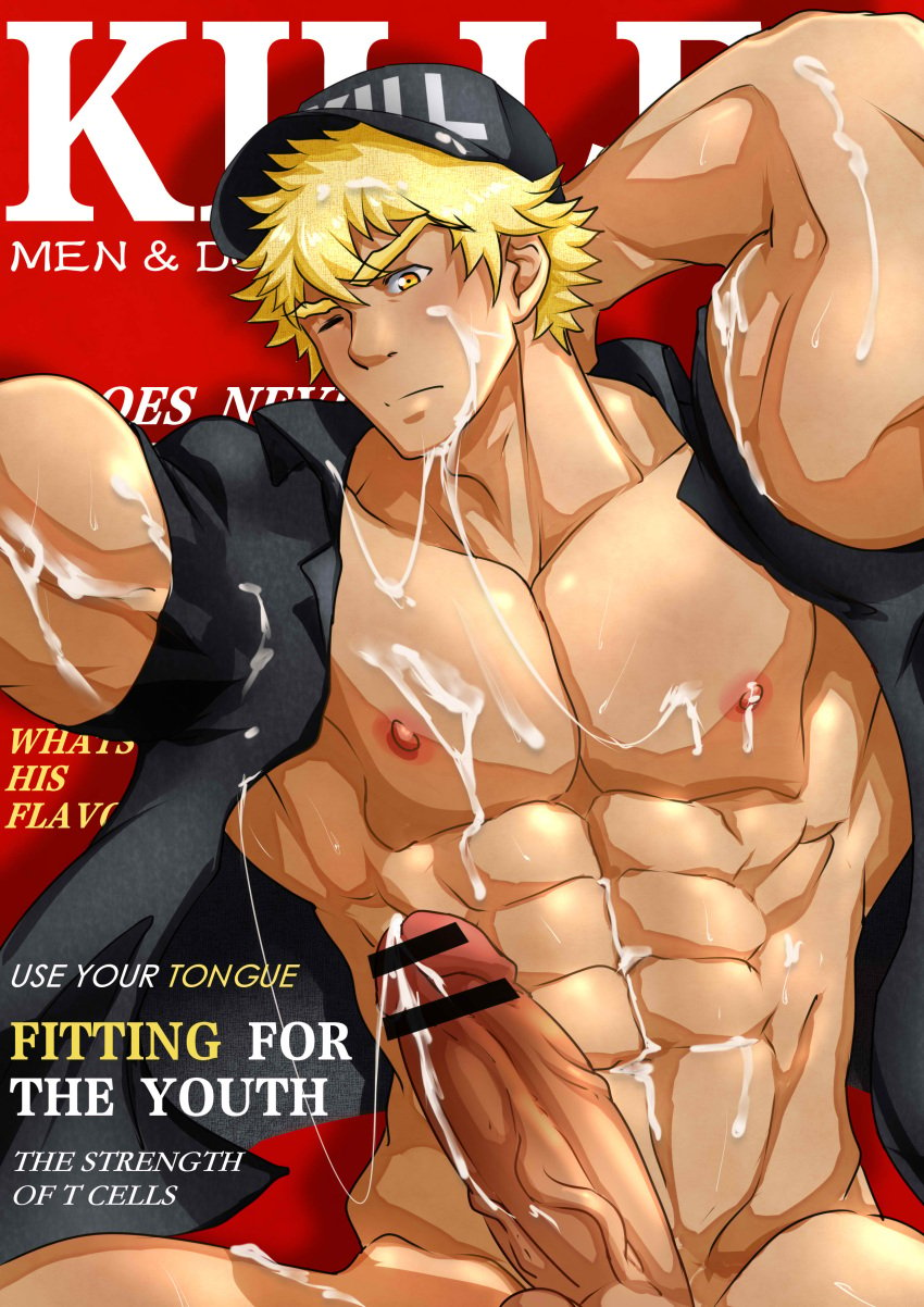 1boy abs absurdres arm_behind_head autofacial bar_censor bara bare_pecs baseball_cap biceps black_shirt blonde_hair censored cum cum_on_body cum_on_pectorals cum_on_self english_text erection facial hat hataraku_saibou highres huzee_tiger killer_t_(hataraku_saibou) killer_t_cell male_focus military military_uniform muscular muscular_male naked_shirt navel nipples one_eye_closed pectorals penis shirt short_hair short_sleeves solo stomach uniform upper_body veins veiny_penis yellow_eyes