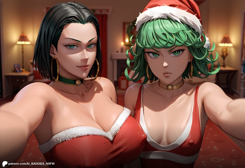 2girls ai_assisted ai_baddies ai_generated anime black_hair christmas christmas_outfit close-up cowboy_shot curly_hair festive fubuki_(one-punch_man) gift green_eyes green_hair holidays inside large_breasts looking_at_viewer one-punch_man party patreon patreon_link patreon_logo patreon_url patreon_username pout red_dress santa_costume santa_hat selfie short_hair small_breasts smirk tatsumaki