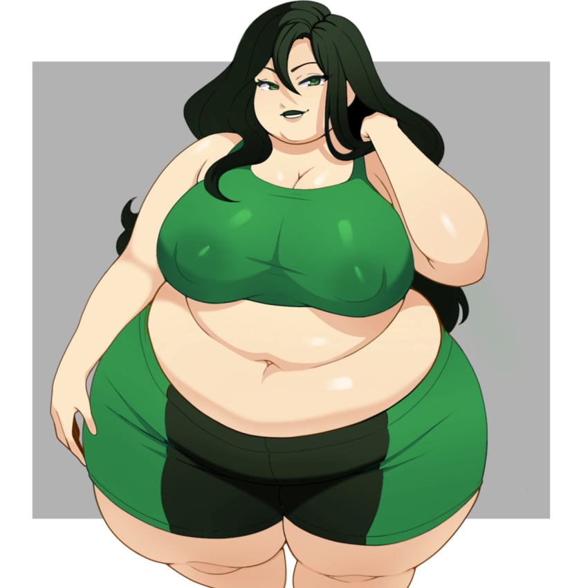 1girls bbw female female_only huge_belly human kim_possible lun4ch4n overweight overweight_female shego standing thick_thighs thunder_thighs tight_clothing weight_gain