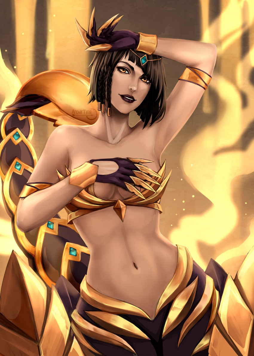 1girls archertime arm_above_head armpit belly_button black_hair black_lipstick breasts claws colored female female_only front_view gloves golden_bracelets half_naked hero_wars jewel_on_forehead looking_at_viewer monster_girl pale-skinned_female pale_skin scorpion_girl scorpion_tail short_hair smile sole_female solo yellow_eyes ziri_(hero_wars)