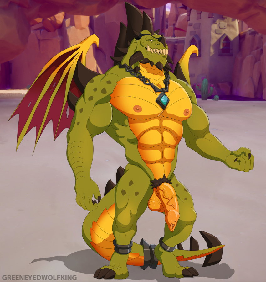 abs activision anthro artist_name balls cactus chains claws dragon eye_patch eyewear feet flaccid foreskin genitals green_body green_scales greeneyedwolfking gunnar_(spyro) hi_res horn humanoid_genitalia humanoid_penis jewelry male male_only membrane_(anatomy) membranous_wings muscular muscular_anthro muscular_male necklace nipples nude pecs penis plant pubes rescued_dragons_(spyro) scales shadow sharp_teeth solo spikes spikes_(anatomy) spyro_reignited_trilogy spyro_the_dragon standing teeth toe_claws toes uncut vein veiny_penis video_games wings yellow_balls yellow_body yellow_penis yellow_scales