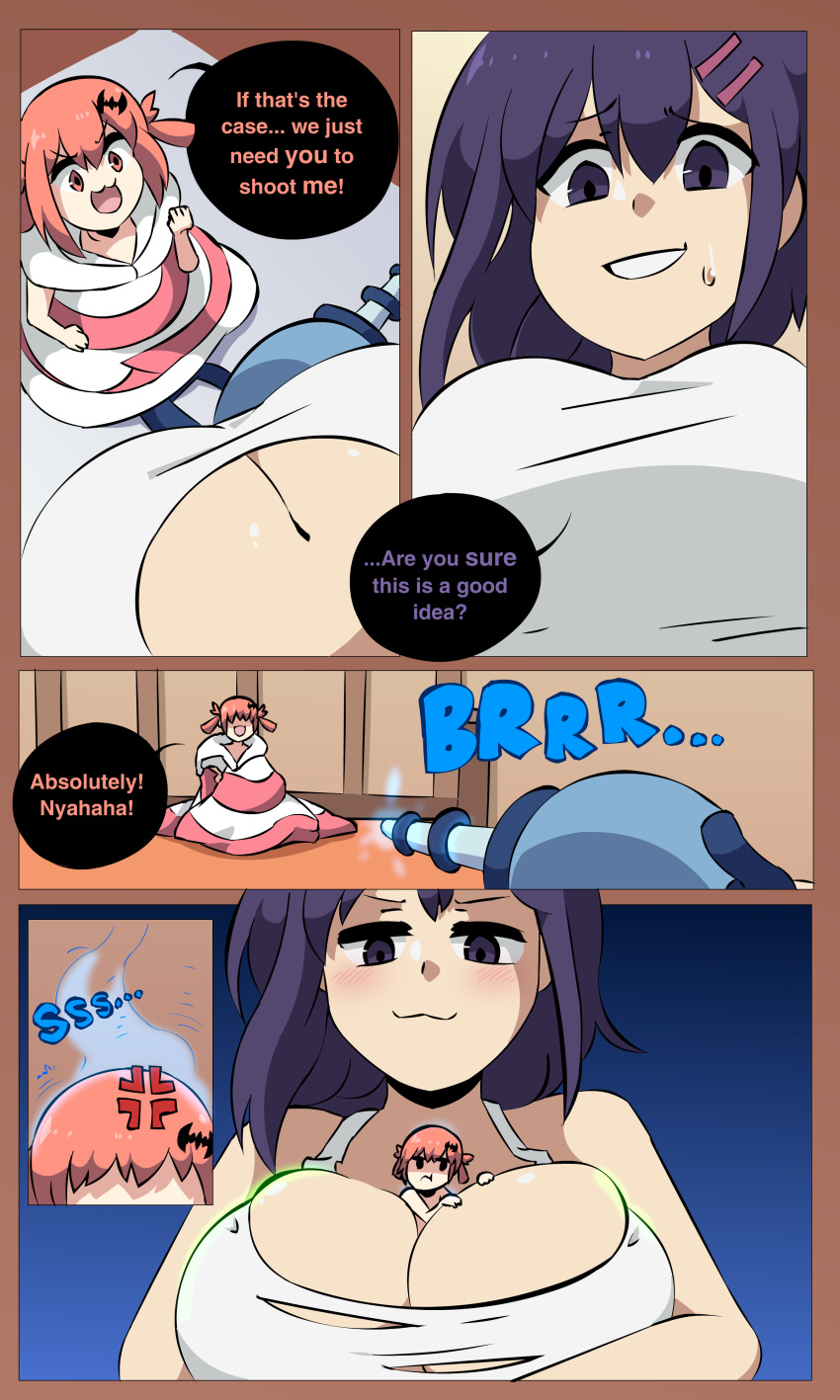 2018 2girls attribute_theft between_breasts big_breasts breast_expansion breasts cleavage clothed clothing comic english_text female female_only gabriel_dropout giantess growth herretik huge_breasts kurumizawa_satanichia_mcdowell macro_female micro_female micro_in_cleavage micro_on_macro multiple_girls person_between_breasts shrinking shrinking_out_of_clothes shrunken_woman size_theft smug smug_face text tsukinose_vignette_april