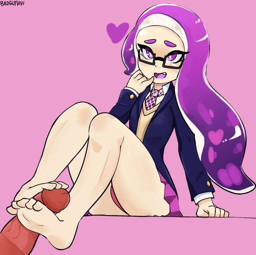 1boy 1boy1girl 1girls badguyvivi barefoot blush feet female foot_fetish footjob glasses inkling inkling_girl long_hair male penis purple_eyes purple_hair school_uniform soles splatoon toes video_games