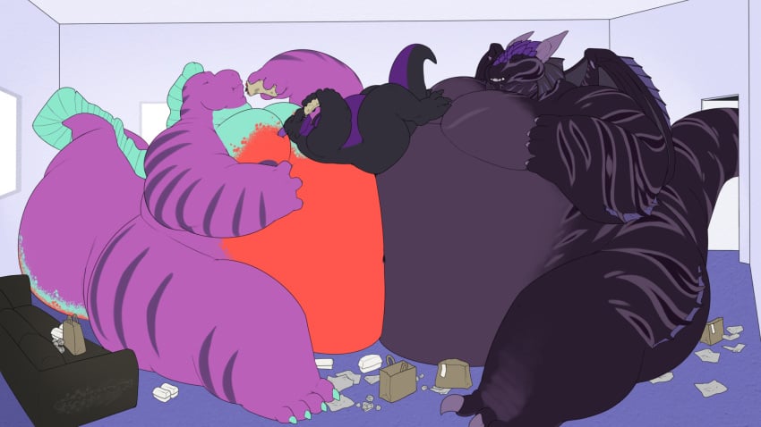 16:9 ambiguous_gender anthro dragon eating eating_food eel feeding fish group group_sex gylphie hi_res hyper jay_the_eel lizard male marine obese obese_anthro obese_male overweight overweight_anthro overweight_male reptile scalie sex tankh threesome widescreen