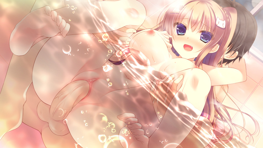 bath bathtub black_hair blonde_hair blush breasts game_cg large_breasts male nekomori_mike nipples nyan_cafe_macchiato penis pussy pussy_juice sex short_hair skyfish spread_legs uncensored underwater water wet wori