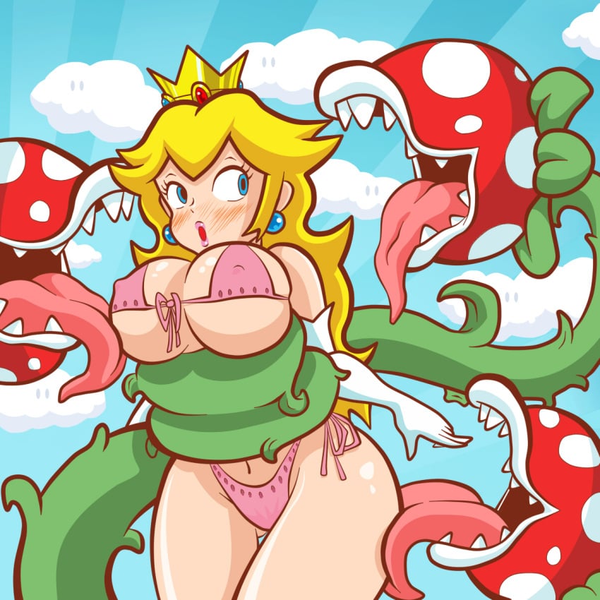 1girls bikini blonde_hair blue_eyes breasts female female_focus imminent_penetration imminent_rape imminent_sex large_breasts lipstick long_hair mario_(series) mcree114 nintendo nipples_visible_through_clothing open_mouth pink_bikini piranha_plant princess_peach solo super_princess_peach tentacle thick_thighs