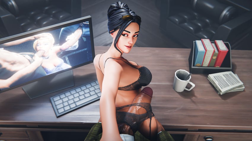 1boy 1girls 3d 3d_(artwork) dark-skinned_male fortnite fortnite:_battle_royale garter_belt garter_straps glasses_on_head light-skinned_female lingerie looking_at_viewer office_lady pov rook_(fortnite)