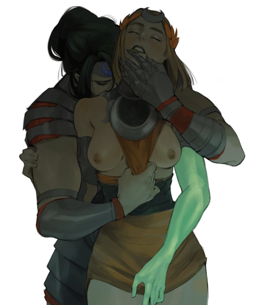 2girls armor aroused asymmetrical_arms black_hair blonde_hair breasts dress finger_to_another's_mouth gauntlets green_arm green_lips hades_(game) hades_(series) hades_2 hand_on_another's_face highres hug hug_from_behind kahelmoan laurel_crown medium_breasts melinoe_(hades) multiple_girls muscular muscular_female nemesis_(hades) nipples orange_dress pulling_another's_clothes simple_background size_difference skeletal_arm undressing_another yuri