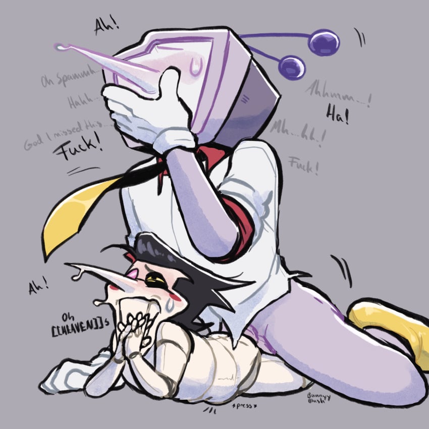 belly_bulge blushing bunnyyblush deltarune deltarune_chapter_2 deltarune_chapter_3 doggy_style doggystyle fanart gay overstimulation prayer_hands praying puppet robot_humanoid size_difference spamtenna spamton_g_spamton tenna_(deltarune)