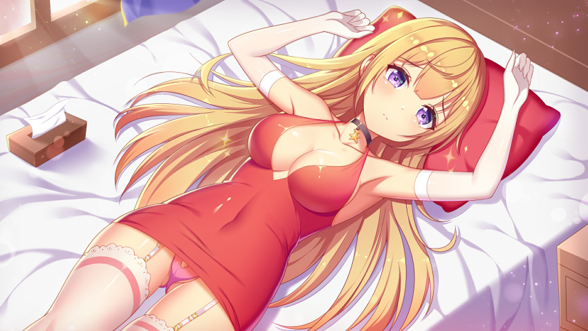 big_breasts blonde_hair choker dress dress_lift girlgame gloves long_hair panties pencil_dress pink_panties preety_angel purple_eyes red_dress stockings tight_dress updress white_gloves