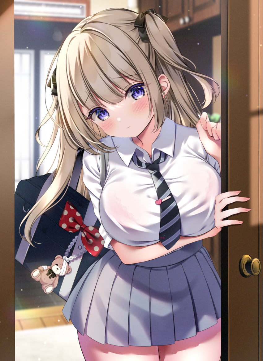 1girl bag behind_door bent_forward blush breast_suppress breasts cleavage clothed gray_hair hair_ornament hair_ribbon highres large_breasts leaning_forward long_hair miwa_uni necktie original school_bag school_uniform shirt skirt tied_hair twintails
