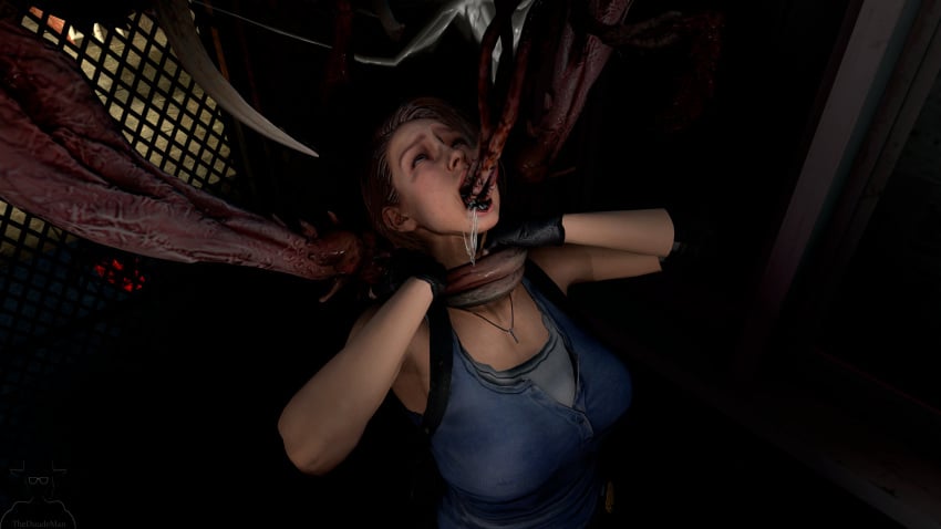 1girls 1monster 3d ahe_gao asphyxiation big_breasts blowjob breasts brown_hair choke_hold choking closed_eyes clothed deepthroat drain_deimos fellatio held_up imminent_fellatio imminent_oral interspecies jill_valentine jill_valentine_(sasha_zotova) monster oral_penetration resident_evil resident_evil_3 resident_evil_3_remake restrained saliva size_difference smaller_female source_filmmaker spider strangling submissive submissive_female tank_top tentacle theduudeman tongue tongue_out