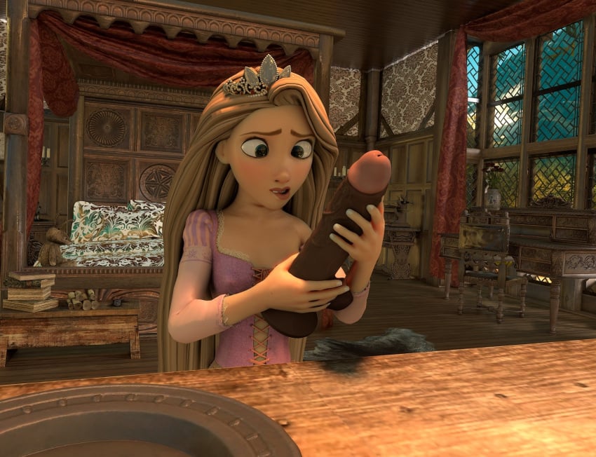 3d black_dildo clothing detailed_background dildo discovered disney disney_princess female_only questioning rapunzel solo tangled tower usernamey11