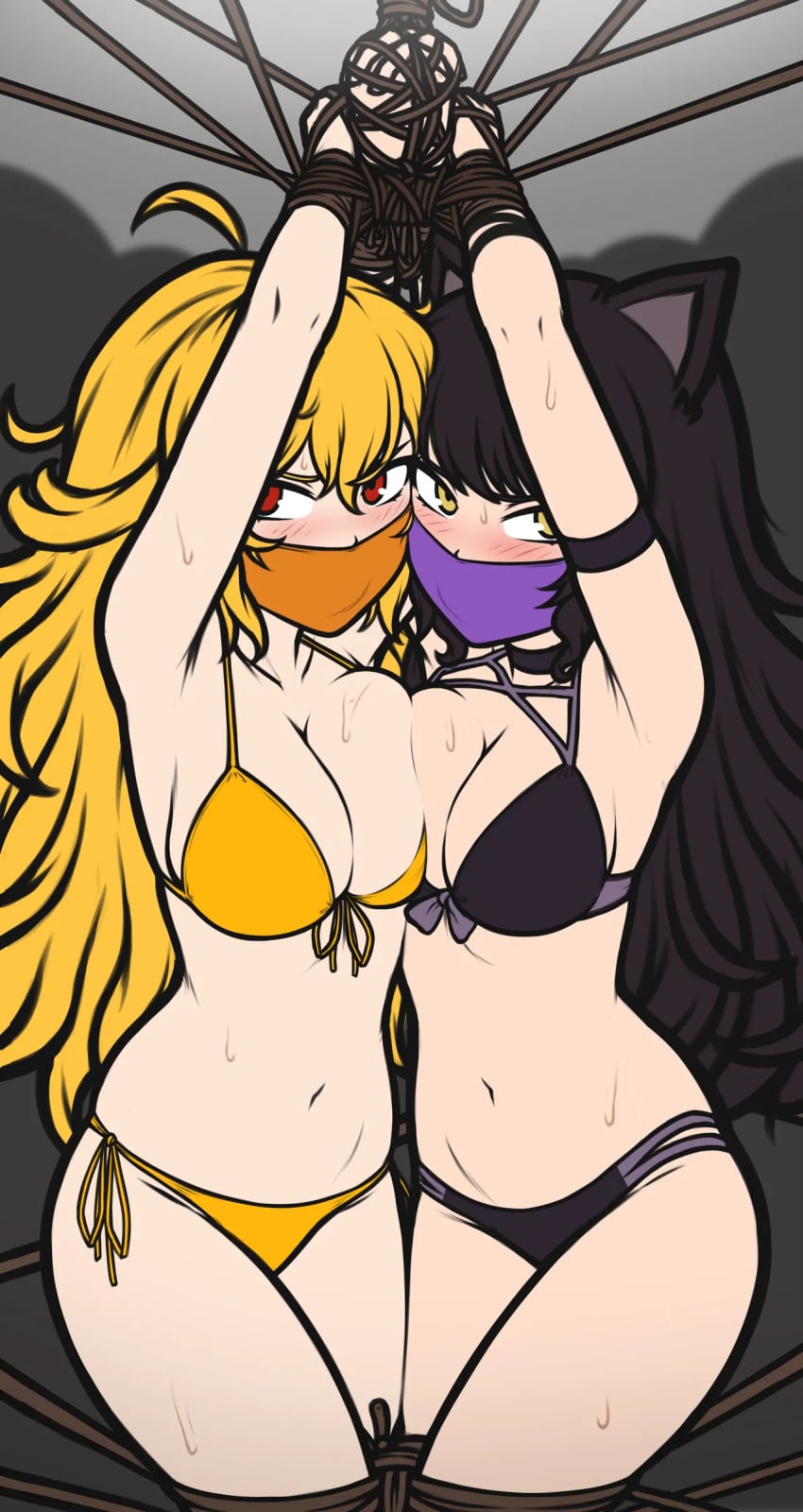 2girls bathing_suit big_breasts black_hair blake_belladonna blush blushing bondage bound bound_and_gagged bound_arms bound_hands bound_legs bound_together bound_wrists collar gag gagged gagged_female large_breasts long_hair magnolia-baillon otm_gag red_eyes rope rope_bondage rwby tape tape_gag taped_mouth yang_xiao_long yellow_eyes yellow_hair