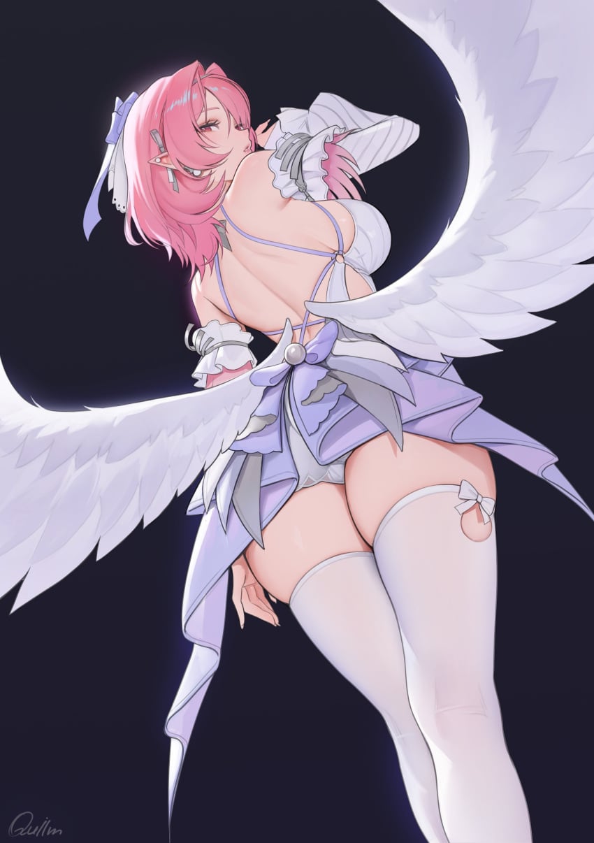 1girls big_breasts breasts breasts_out colored_nails dress exposed_breasts female large_breasts long_nails painted_nails panties pantyshot pantyshot_(sitting) pink_hair purple_eyes quilm remielle_(zenless_zone_zero) remielle_dan short_hair underwear white_dress white_panties white_underwear white_wings wings zenless_zone_zero