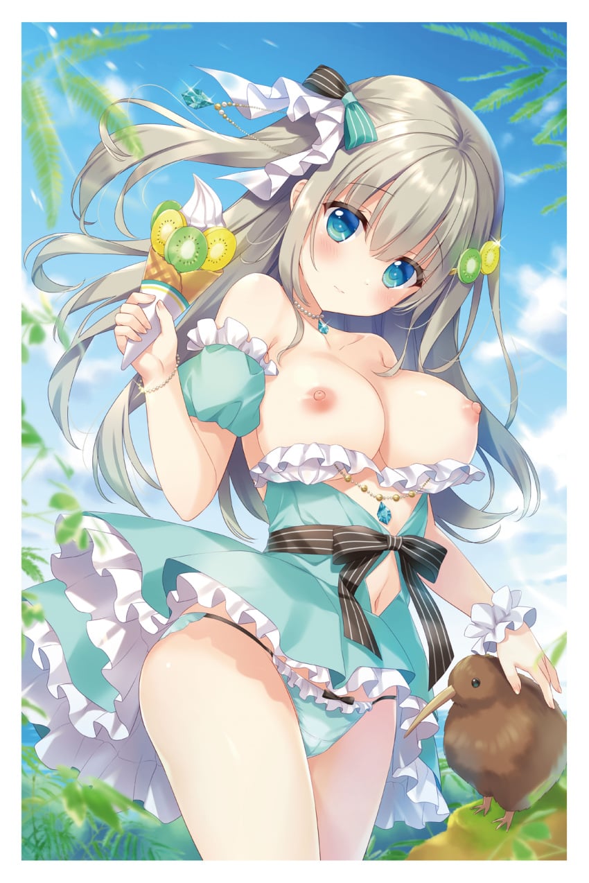 1girl ameto_yuki apron ass bed bird blush bow_panties breasts breasts_out crepe detached_sleeves dress exposed_breasts food frilled_panties frilled_skirt frilled_thighhighs frills gray_hair hair_ornament hair_ribbon highres large_breasts long_hair looking_at_viewer melonbooks necklace nipples open_shirt original panties ribbon_panties shirt skirt_lift thighhighs tree