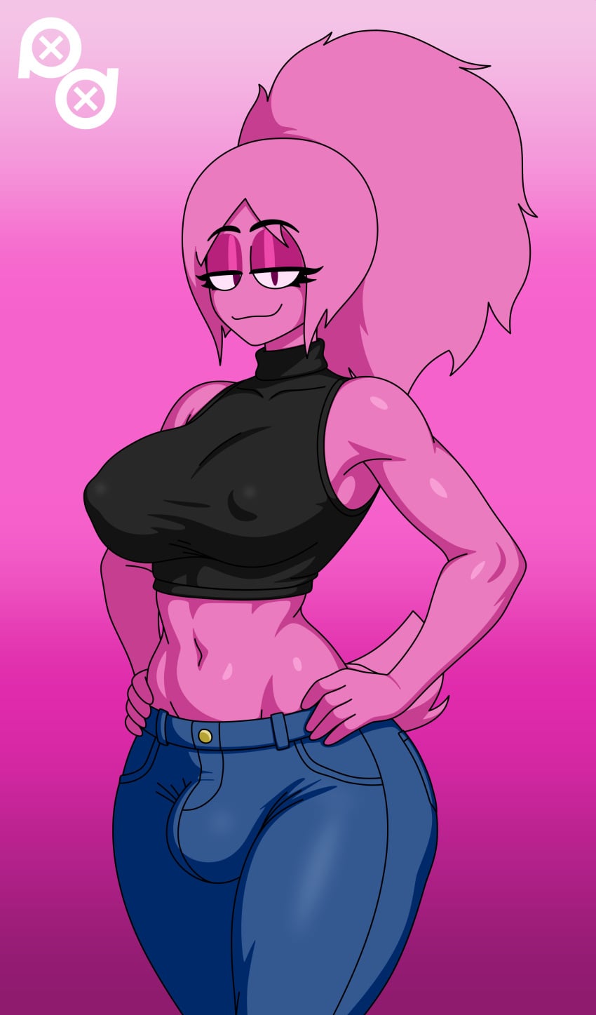1futa artist_logo black_shirt blue_pants bulge futa_only futanari hands_on_hips jeans midriff pink_fur puffle puffle_lisa_(puffledreemurr) puffledreemurr sleeveless_shirt turtleneck_shirt