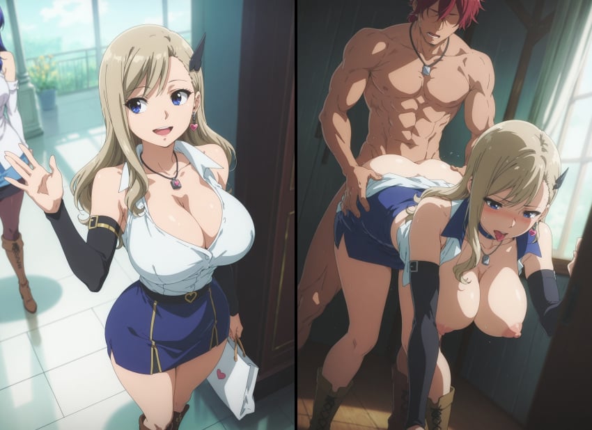 ai_generated breasts_out edens_zero huge_breasts neckline netorare rebecca_bluegarden skirt smiley_face standing_doggy_style tongue_out white_shirt