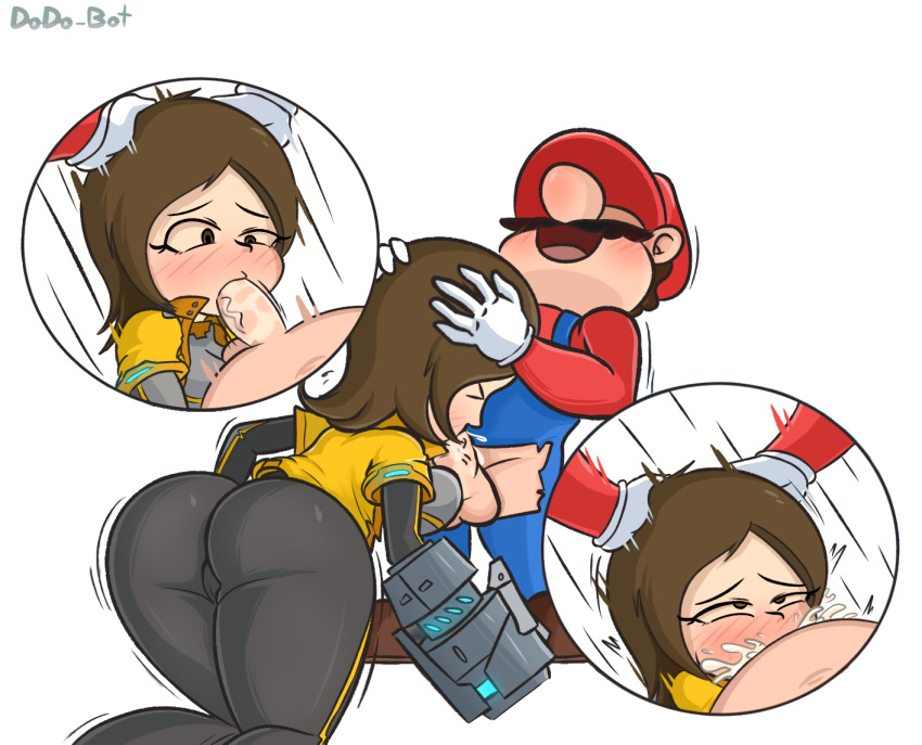 1boy 1boy1girl 1girls all_fours ass blush breasts brown_eyes brown_hair cheek_bulge clothed clothing cum cum_in_mouth cum_in_throat dat_ass deepthroat dodo-bot fellatio female hand_on_head hands_on_another's_head holding_head male mario mario_(series) mii mii_gunner mii_gunner_(smash_ultimate) mob_face moustache nintendo oral penis simple_background straight super_smash_bros. super_smash_bros._ultimate testicles thick_thighs white_background