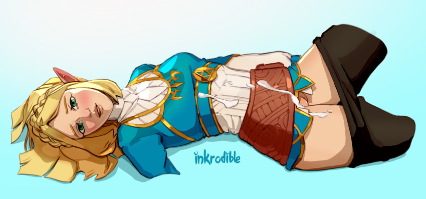 1girls after_sex blonde_hair breath_of_the_wild clothed cum_on_clothes female gradient_background green_eyes inkrodible long_hair looking_at_viewer lying pants_down pointy_ears princess_zelda pussy solo tears_of_the_kingdom the_legend_of_zelda zelda_(tears_of_the_kingdom)