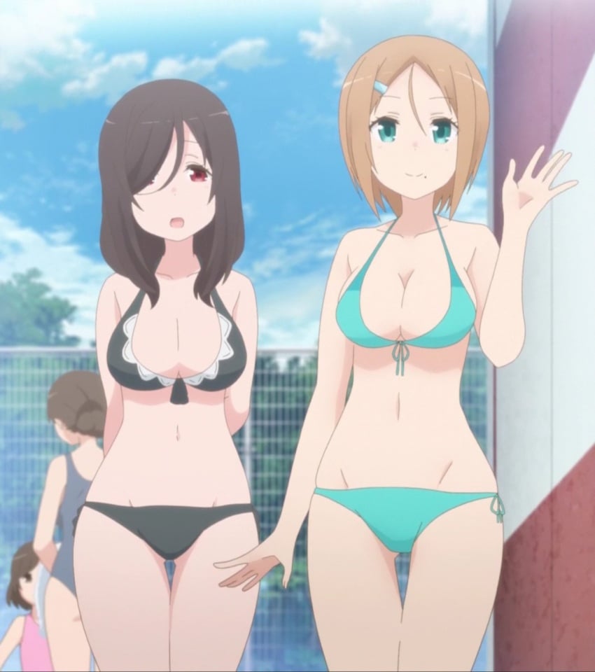 10s 2010s 2018 2d 2d_(artwork) 2girls arms_behind_back bangs bangs_over_one_eye bare_arms bare_legs bare_midriff bare_shoulders bare_thighs bikini bikini_only black_bikini black_swimsuit blue_bikini blue_eyes blue_swimsuit brown_hair canonical_scene casual cleavage clothed clothed_female clothing collarbone curves ecchi edit edited edited_screencap female female_focus female_only front-tie_bikini front-tie_bikini_top front-tie_top hair_over_one_eye hairclip happy happy_female hi_res light_brown_hair looking_at_viewer medium_breasts midriff multiple_girls navel no_nude no_sex official_art open_mouth osonoi_maiko pale-skinned_female pale_skin pool public public_pool red_eyes screencap screenshot short_hair side-tie_bikini side-tie_bikini_bottom side-tie_clothing side-tie_swimsuit silver_link_(studio) slim_waist smile smiling smiling_at_viewer standing stitched sunoharasou_no_kanrinin-san swimsuit swimsuit_only teenage_girl teenager uchifuji_mea very_high_resolution waving waving_at_viewer waving_hand