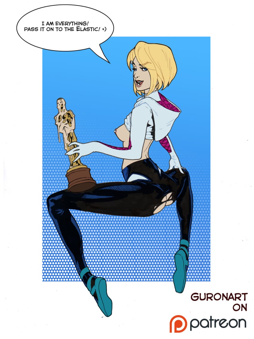 abstract_background after_insertion after_masturbation after_sex ass blonde_hair breasts breasts_out english_text from_behind guron555 gwen_stacy hoodie marvel nipples oscar_(award) oscars_(ceremony) pussy_juice sitting small_breasts speech_bubble spider-gwen spider-man:_into_the_spider-verse spider-man_(series) statue torn_clothes wet