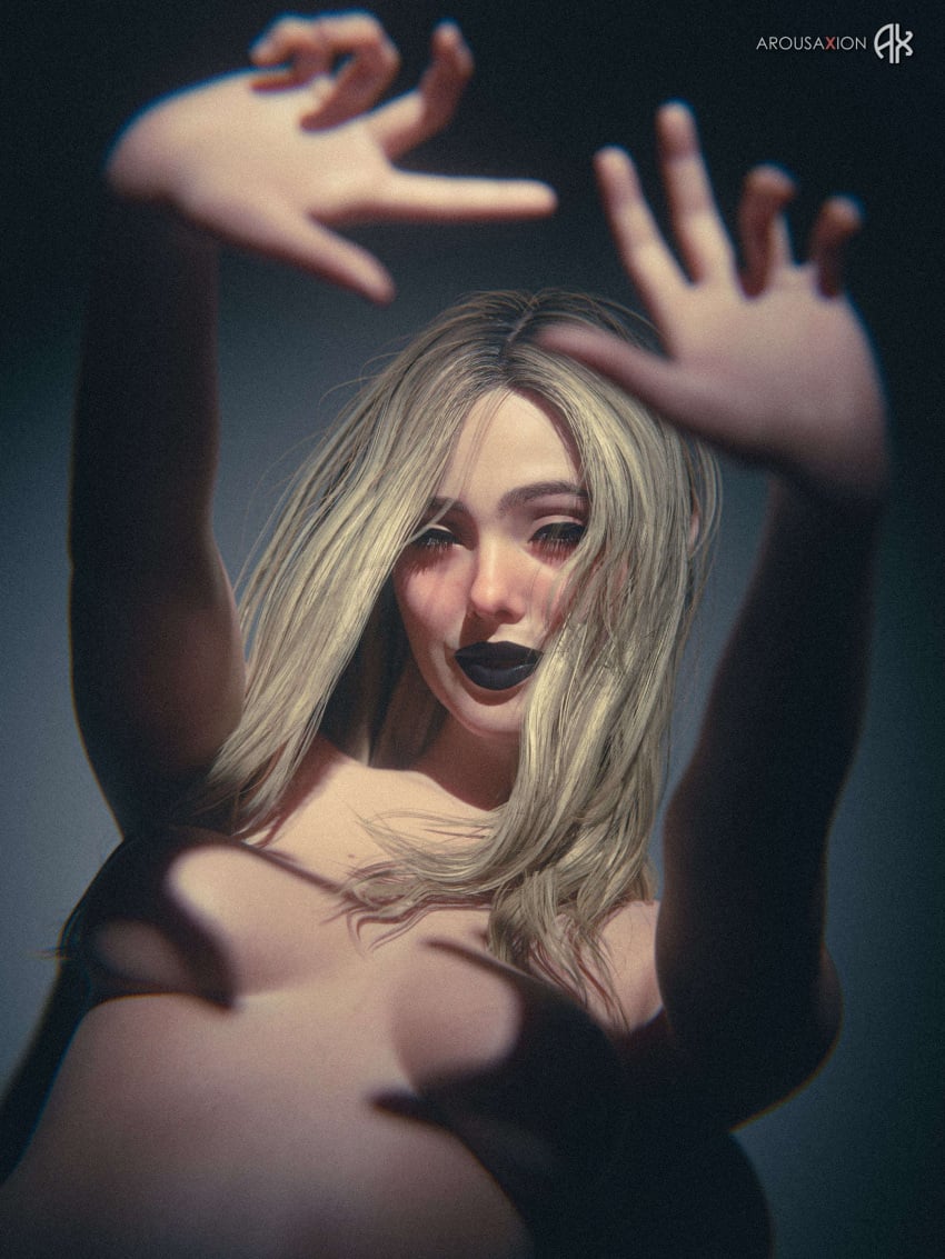 1girls 3d arousaxion black_lipstick blonde_hair breasts death_stranding elle_fanning female hands_casting_shadow nipples solo tomorrow_(death_stranding) topless