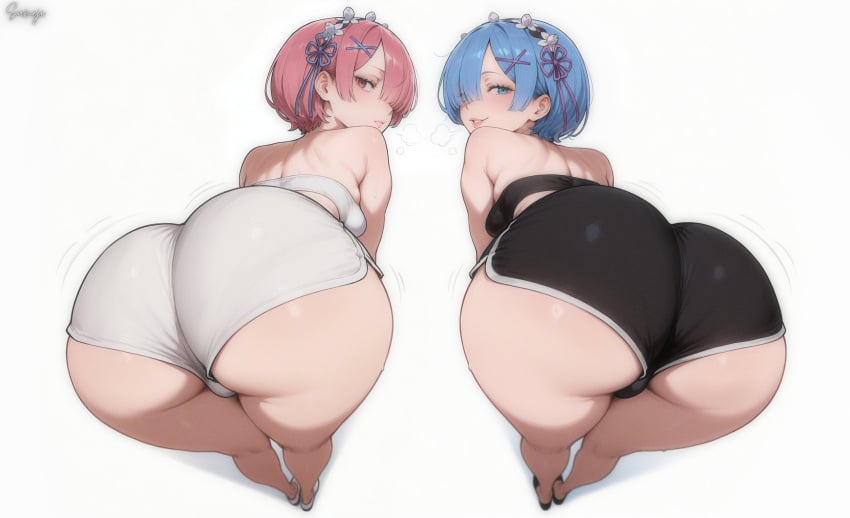 2girls ai_generated blue_hair looking_at_viewer pink_hair ram_(re:zero) re:zero_kara_hajimeru_isekai_seikatsu rem_(re:zero) sum1ji
