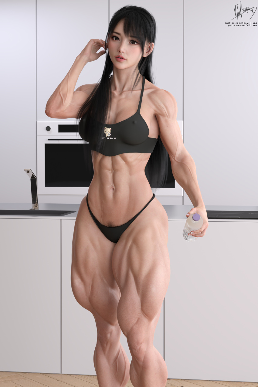 abs big_thighs black_hair korilakkuma long_hair looking_at_viewer muscular muscular_female pubes rilakkuma_(series) san-x sportswear villlana