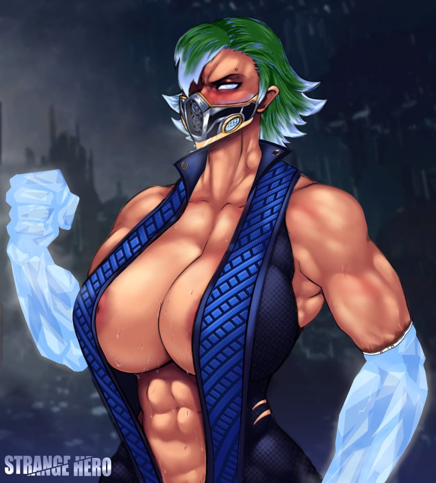 1girls abs areola_slip areolae armpits avis_(strangehero) big_breasts blue_eyes blue_highlights blush breasts cleavage cosplay cryomancer eyebrow_piercing female female_only green_hair hair_over_one_eye hourglass_figure huge_breasts ice looking_at_viewer mask mortal_kombat muscles muscular muscular_female short_hair solo solo_female strangehero sub-zero sub-zero_(cosplay) sweat sweaty video_games