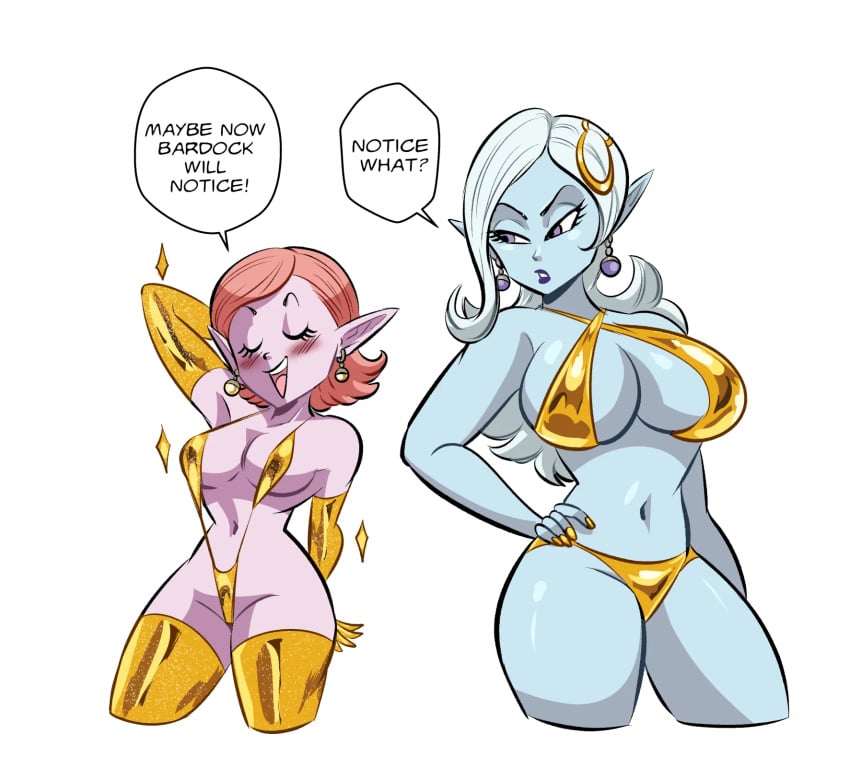 2girls arm_behind_head armpit belly_button big_breasts blue_lipstick blue_skin blush breasts chronoa closed_eyes dialog dialogue dialogue_bubble dragon_ball dragon_ball_xenoverse earrings english english_dialogue english_text eyelashes female female_focus female_only funsexydragonball gold_armwear gold_bikini gold_fingernails gold_gloves gold_legwear gold_nail_polish gold_nails golden_bikini golden_gloves golden_nail_polish golden_nails hair_ornament hand_on_hip hips kaioshin_of_time lipstick navel open_mouth open_smile pink_hair pink_skin pointy_ears potara_earrings short_hair shortstack smile smiling speech_bubble supreme_kai_of_time thick_thighs thighs towa white_background white_hair wide_hips