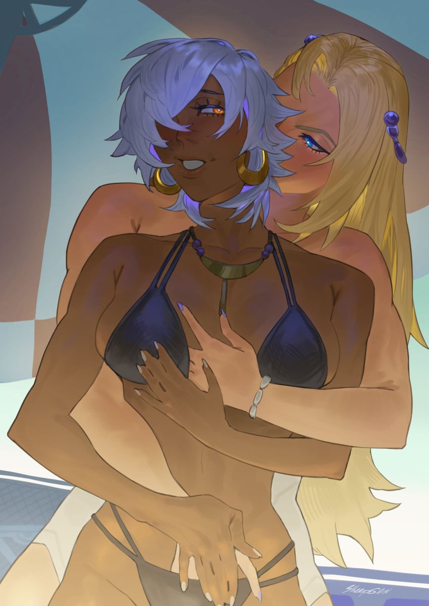 2girls artist_name artist_signature athletic athletic_female beach biceps big_breasts bikini blonde_hair blue_eyes boob_spillage bracelet color colored couple dark-skinned_female dark_skin earrings emma_frost emma_frost_(marvel_rivals) emma_frost_(white_wave_queen) female female/female female_only from_behind glowing_eyes groping_from_behind hair_ornament hand_in_another's_bottomwear hand_under_swimsuit height_difference hip_dips imminent_sex larger_female lesbian lesbian_couple light-skinned_female light_skin long_fingernails long_hair marvel marvel_comics marvel_rivals muscular_arms muscular_shoulders mutant mutant_(marvel) necklace necklace_between_breasts one_piece_swimsuit ororo_munroe outdoors outside painted_nails public reach_around red_eyes sheep_shin short_hair sideboob size_difference smaller_female storm_(x-men) white_hair wide_hips yuri