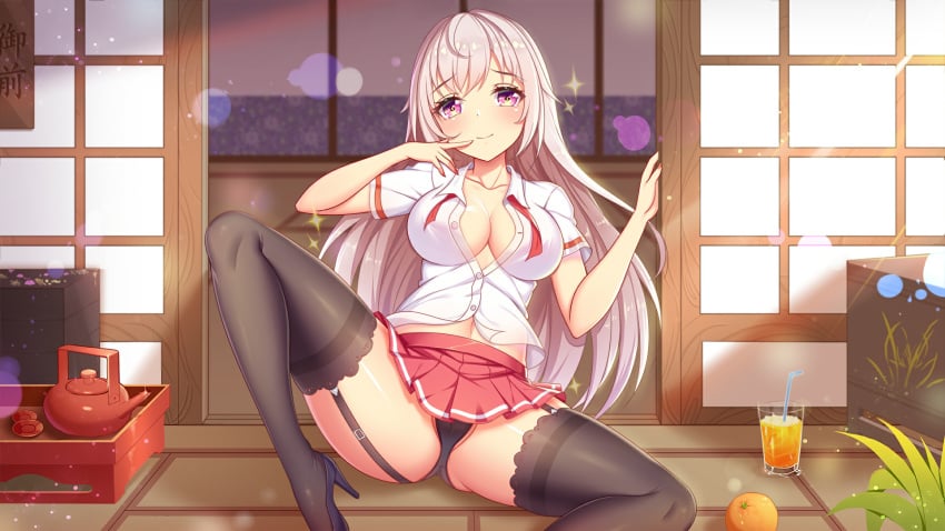 big_breasts black_panties girlgame leg_spread long_hair looking_at_viewer panties pink_eyes pleated_skirt preety_angel school_uniform skirt spread_legs stockings unbuttoned upskirt white_hair