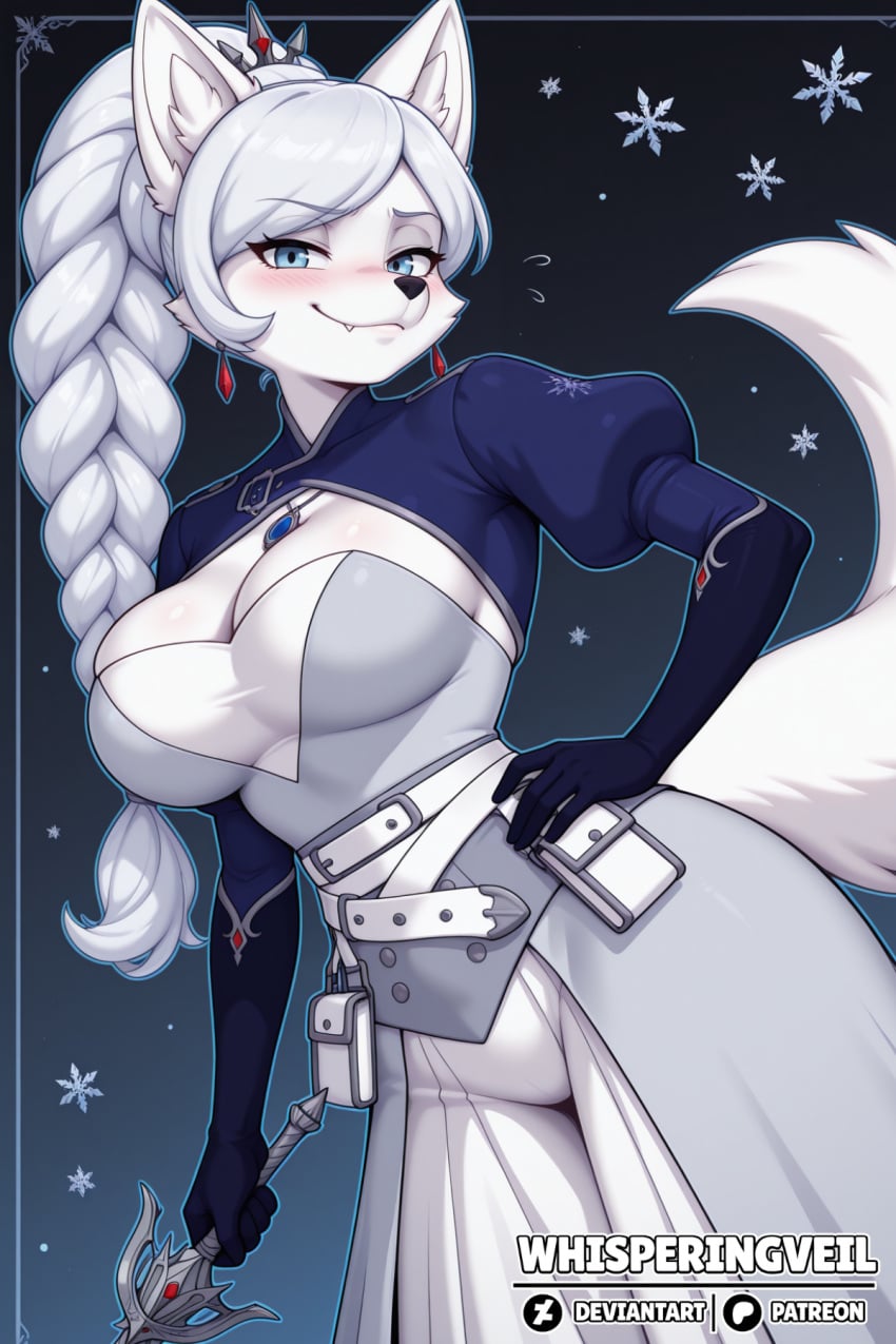 1girls 2026 5_fingers ai_generated anthro arctic_fox artist_name belt big_breasts blue_eyes blush blush_lines blushing braid braided_hair braided_ponytail breasts busty canid canine canis cleavage clothed clothing curvaceous curvy curvy_body curvy_female curvy_figure deviantart deviantart_logo dress ear_ring earrings eyelashes female female_focus female_fox female_only fluffy_tail fox fox_ears fox_girl fox_tail furrification furry glistening glistening_body glistening_breasts glistening_fur hand_on_hip hand_on_own_hip hi_res illustrious_(stable_diffusion) inner_ear_fluff large_breasts long_hair long_sleeves long_tail looking_at_viewer mammal necklace patreon_logo ponytail puffy_sleeves rooster_teeth rwby shrug_(clothing) smile snaggle_tooth snout solo solo_focus stable_diffusion sword thick_thighs thunder_thighs true_fox vixen voluptuous voluptuous_anthro voluptuous_female watermark weiss_schnee whisperingveil white_body white_fur white_hair wide_hipped_anthro wide_hipped_female wide_hips