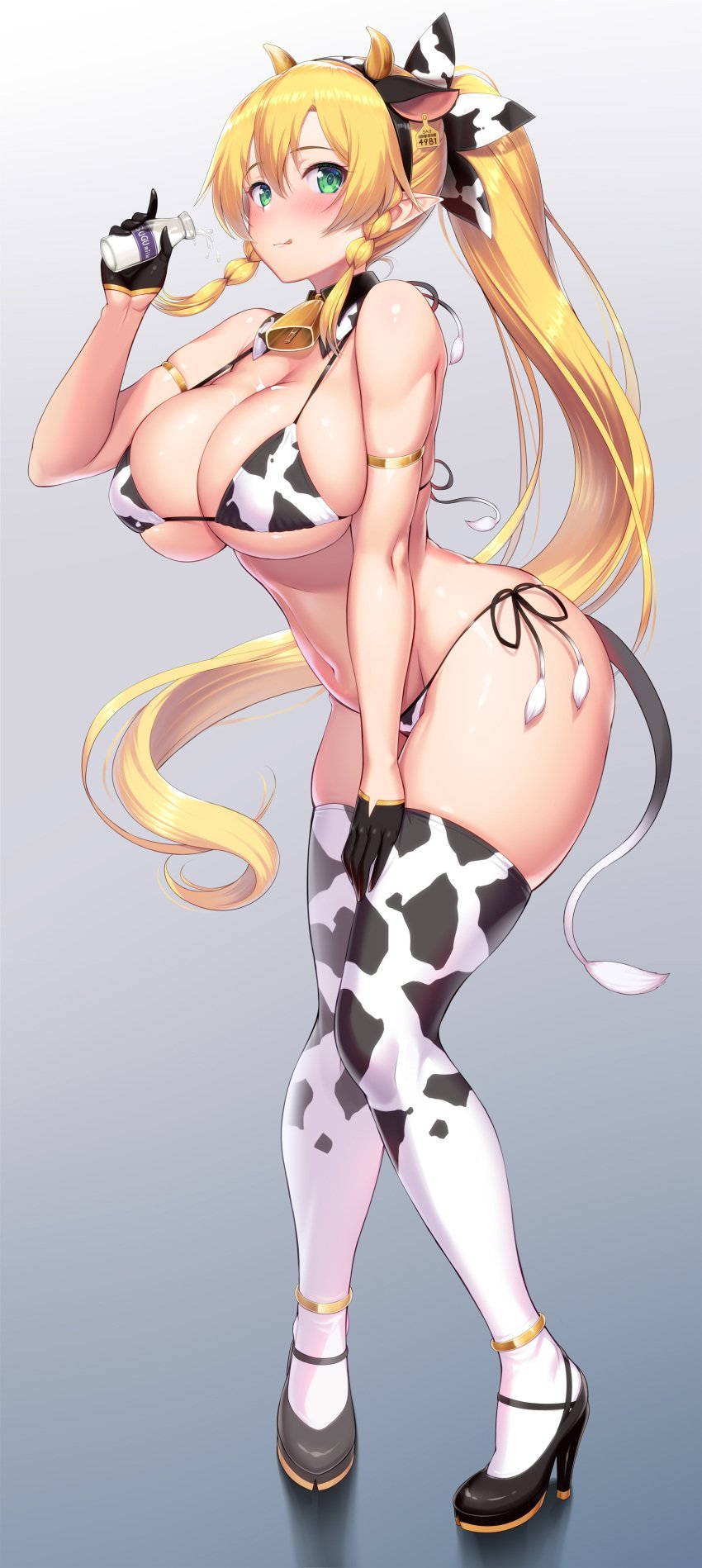 1girls absurd_res animal_ears animal_print bangs bare_shoulders bell bell_collar bikini black_footwear black_gloves blonde_hair blunt_bangs blush bottle breasts brown_hair chinese_zodiac clavicle cleavage collar cow_bell cow_ears cow_girl cow_horns cow_print cow_print_legwear cow_tail elbow_gloves elf elf_ears elf_female erect_nipples erect_nipples_under_clothes fake_animal_ears fake_horns fake_tail female fit_female full_body gloves gradient gradient_background green_eyes grey_background hair_ornament hairclip hand_on_own_thigh hand_on_thigh hi_res high_heels horns hourglass_figure huge_breasts in_profile kawase_seiki knees_together knees_together_feet_apart large_breasts leafa leaning_forward legwear light-skinned_female long_hair looking_at_viewer milk_bottle navel nipples open_mouth pointy_ears print_legwear shoes side-tie_bikini simple_background skindentation slim_waist smile solo standing swimsuit sword_art_online tail thick_thighs thighhighs wide_hips