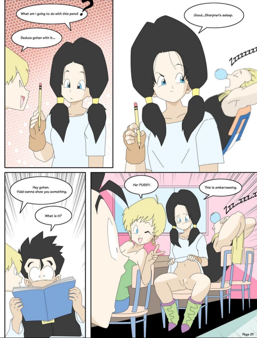 2boys 2girls black_hair blue_eyes botbot bottomless comic dragon_ball dragon_ball_z english_text erasa female humor male multiple_boys multiple_girls page_20 pussy sharpner son_gohan text top_lift twintails vagina videl