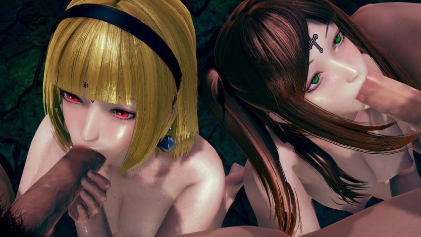 2boys 2girls ambiguous_penetration blonde_hair brown_hair choker collar cross drag-on_dragoon drag-on_dragoon_3 drakengard drakengard_3 ear_piercing earrings facial fellatio four_(drag-on_dragoon) four_(drakengard) gangbang green_eyes group_sex hair_ornament hair_ribbon hairband handjob honey_select koronensuki_(artist) large_breasts light_skin looking_at_partner looking_up medium_breasts one_(drag-on_dragoon) one_(drakengard) oral orgy pubic_hair red_hair short_hair square_enix twintails