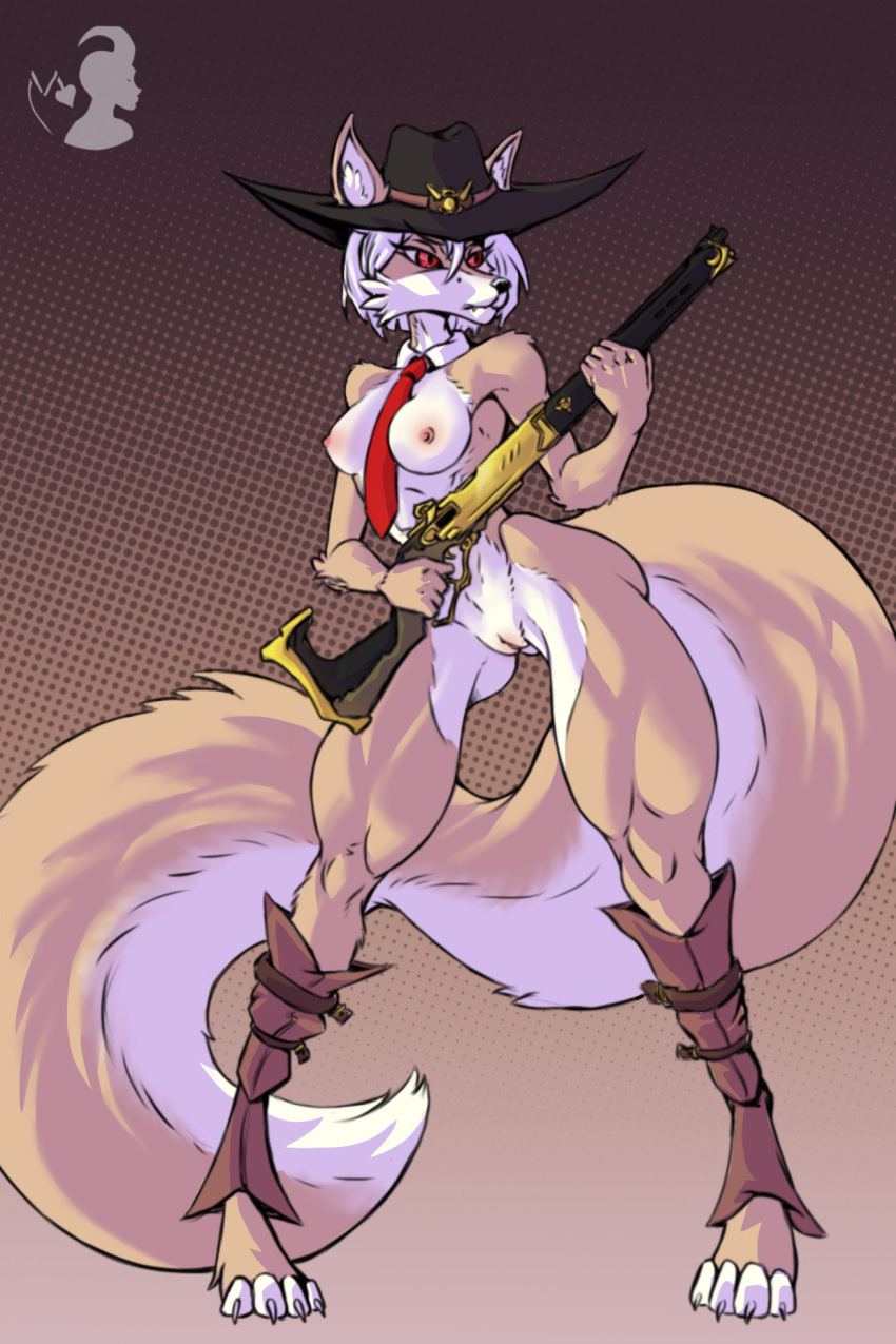 1girls 2:3 2d anthro ashe_(overwatch) blizzard_entertainment breasts canid canine canis cheek_tuft clothed clothing facial_tuft female female_only furry furry_female furry_only genitals gun halftone halftone_background headgear headwear hi_res highlights_(coloring) holding_object holding_weapon legwear long_legs mammal muscular muscular_anthro muscular_female muscular_thighs necktie overwatch partially_clothed pattern_background pussy ranged_weapon red_eyes simple_background solo thick_thighs tuft verakultura video_games weapon wolf