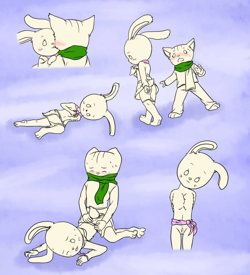 1boy 1girls anthro blush blushing bunny doki feline female fur furry green_scarf interspecies nabi newgrounds pink_ribbon rabbit scarf sex straight tagme there_she_is