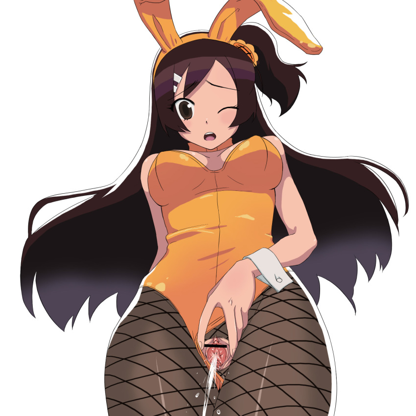 animal_ears breasts brown_eyes brown_hair bunny_ears bunny_girl bunnysuit cleavage fair-skinned_female fair_skin female fishnet_pantyhose fishnets from_below hachiyou highres hou_(hachiyou) light-skinned_female light_skin long_hair no_panties oozora_himawari otenki_studio pantyhose pussy pussy_ejaculation pussy_exposed pussy_juice solo solo_female spread_pussy tagme wink